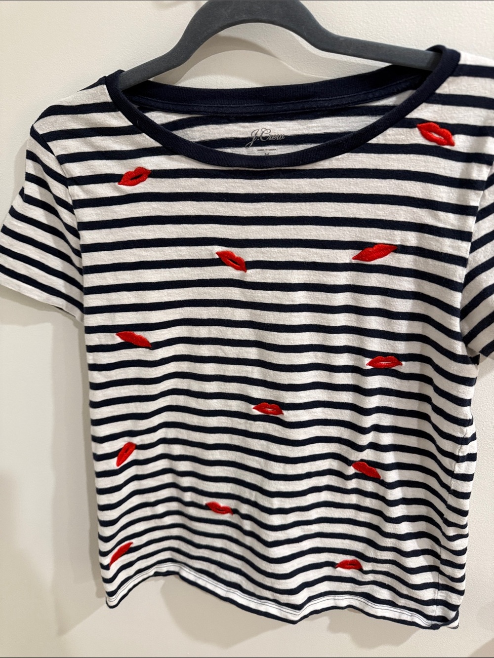 J. Crew Navy & White Striped Tee with Red Lip Embroidery